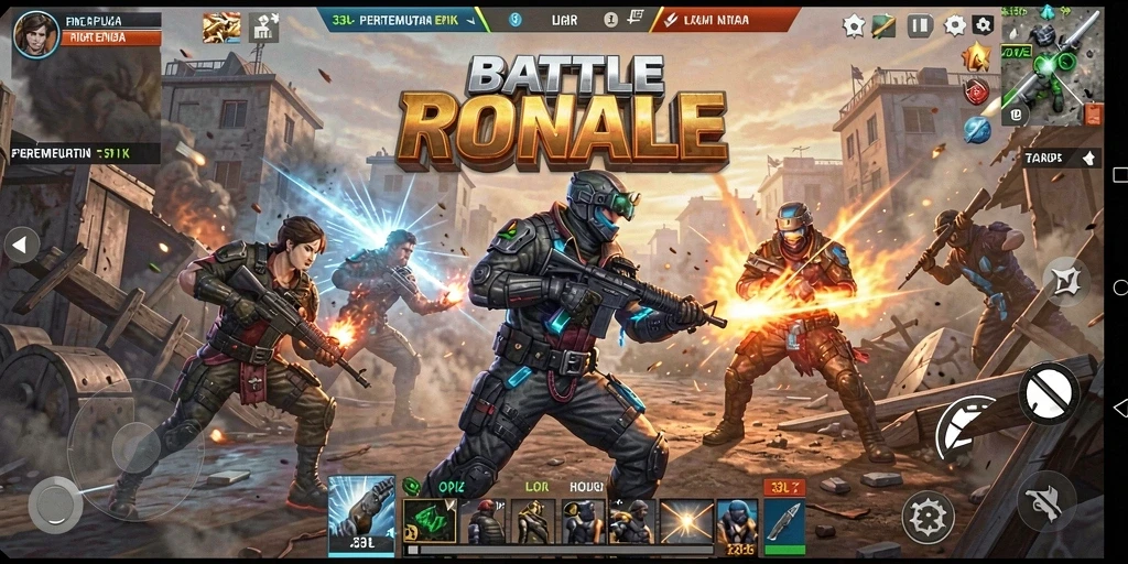Tangkapan layar gameplay menampilkan aksi seru dalam pertempuran Battle Royale.