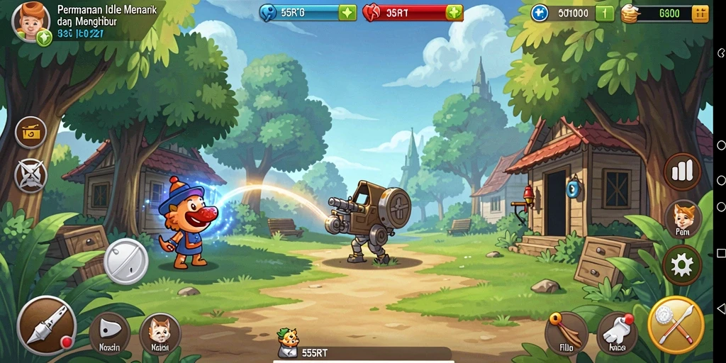 Tangkapan layar gameplay 55RT yang menunjukkan kemajuan idle.