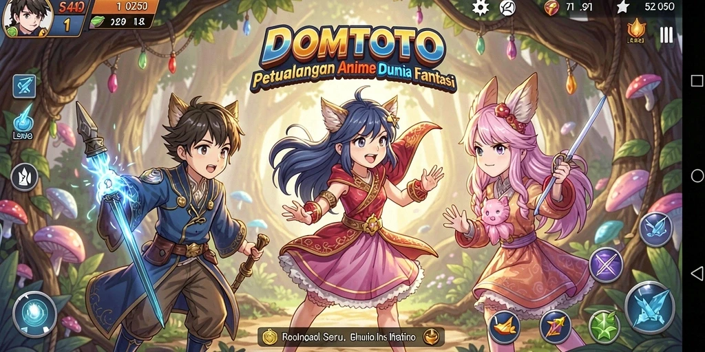 Screenshot utama DOMTOTO menampilkan aksi seru dalam pertarungan karakter Anime.