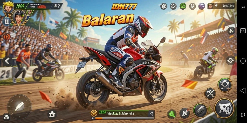 Screenshot IDN777 menampilkan balap motor yang mendebarkan di lintasan.
