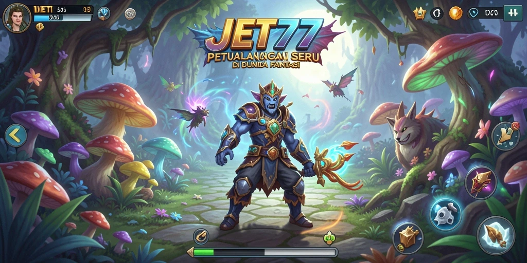 Screenshot utama JET77 menampilkan karakter menjelajahi dunia petualangan.