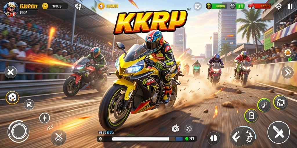 Screenshot gameplay KKRP menampilkan aksi balapan motor yang penuh semangat.