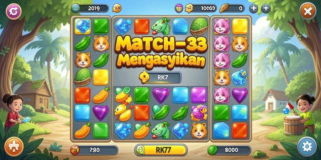 Tampilan gameplay RK77 yang penuh warna dan menarik.